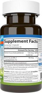 Carlson Super D3 + K2, 125 mcg (5000 UI) Vitamina D3, 90 mcg Vitamina K2 como MK-7, Soporte Óseo, Absorción de Calcio, 45 Cápsulas Vegetales
