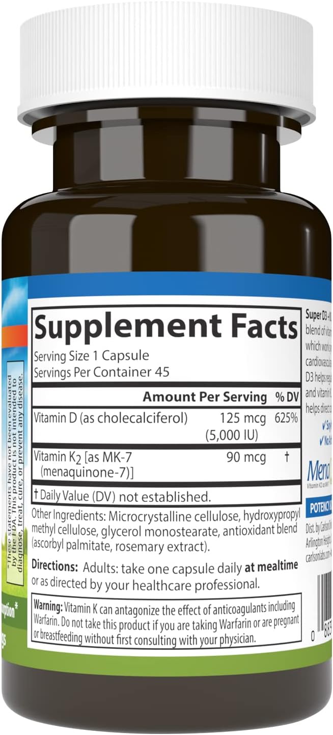 Carlson Super D3 + K2, 125 mcg (5000 UI) Vitamina D3, 90 mcg Vitamina K2 como MK-7, Soporte Óseo, Absorción de Calcio, 45 Cápsulas Vegetales