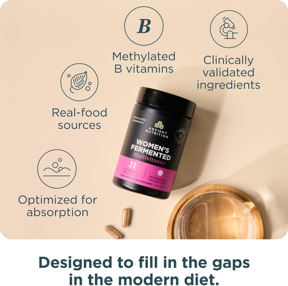 Ancient Nutrition Multivitamin for Women, Women's Fermented Multivitamin with Methylated Vitamin C, D, K, Zinc & Magnesium, Immune Support, Vegan, 60 Ct
