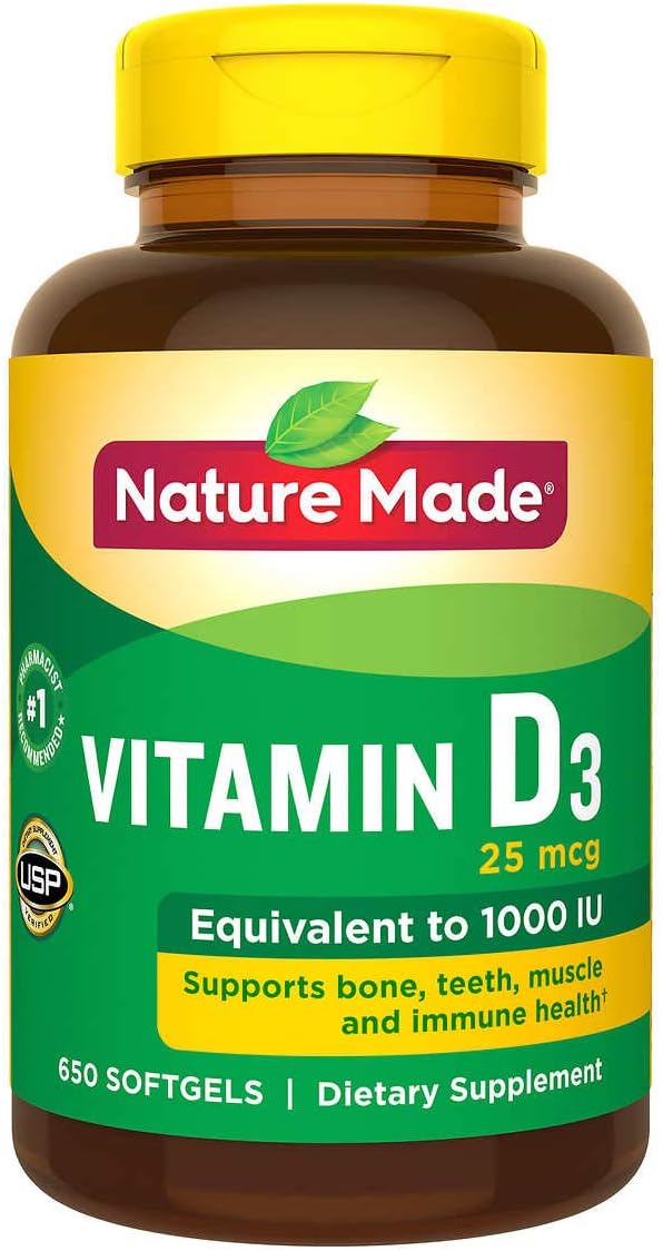 Nature Made Vitamin D3 1000 IU (25 mcg) - Supplement for Bone, Teeth, Muscle & Immune System Support - 100 Softgels