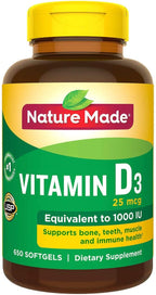 Nature Made Vitamin D3 1000 IU (25 mcg) - Supplement for Bone, Teeth, Muscle & Immune System Support - 100 Softgels