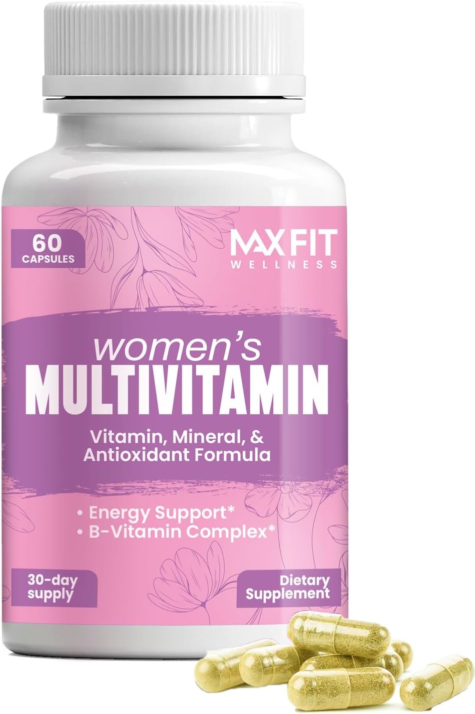 MAX FIT Multivitamínico para Mujeres 50+ – Complejo de Vitaminas A, B, C, D, E, Calcio y Hierro – Apoya Energía, Cabello, Piel y Uñas – 60 Cápsulas