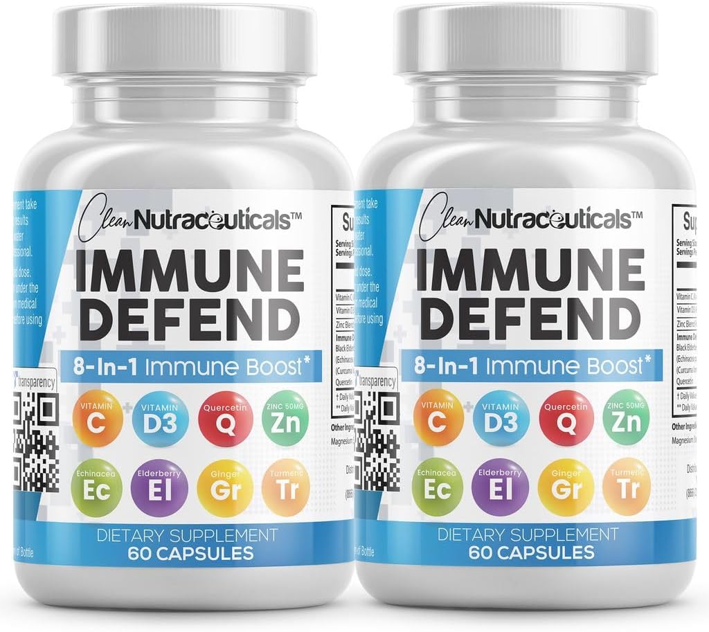 Clean Nutraceuticals Immune Defense Support – Suplemento 8 en 1 con Zinc 50mg, Quercetina, Vitamina C 1000mg, Vitamina D3 5000 UI, Saúco, Jengibre – 60 cápsulas veganas