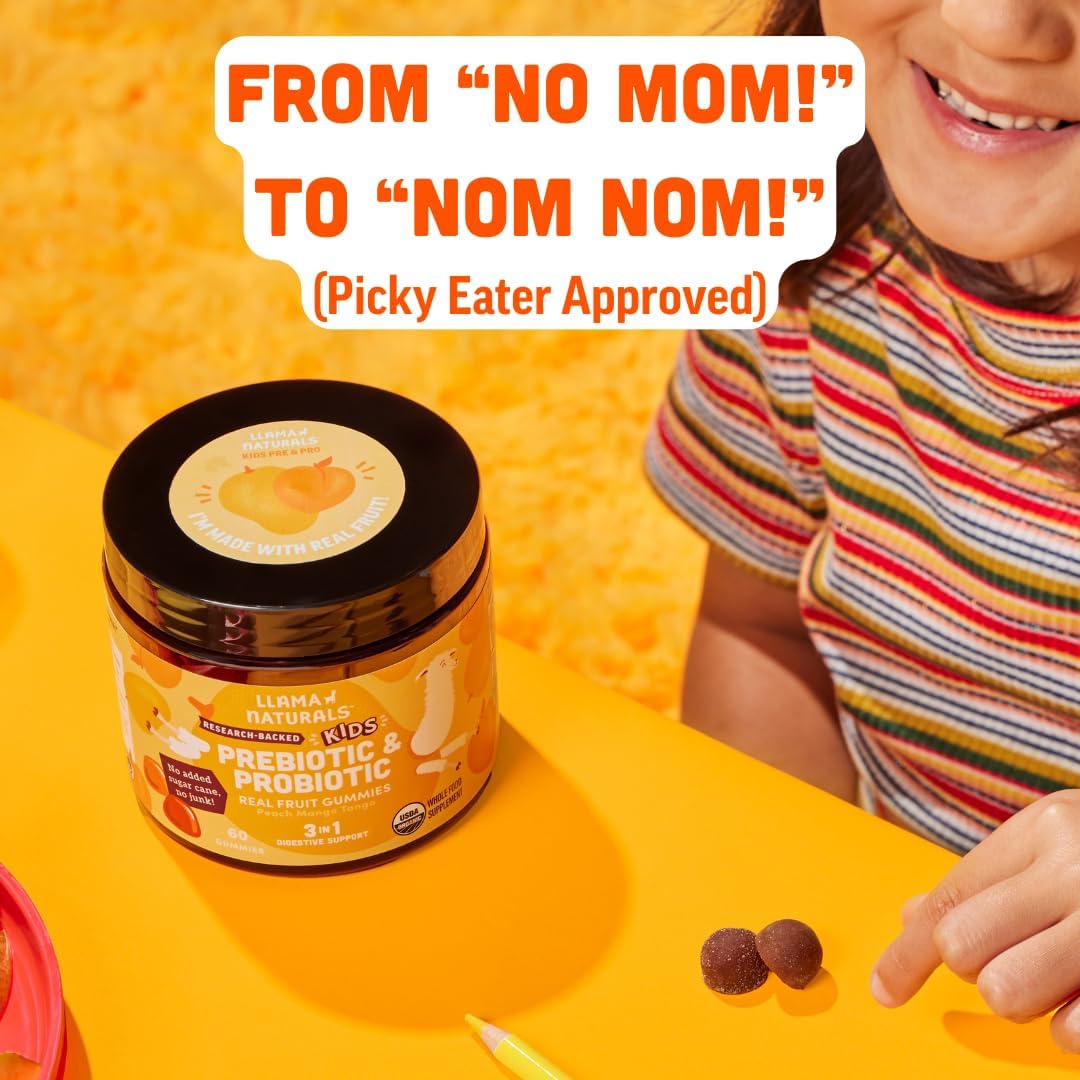 Llama Naturals Probiótico Infantil con Prebiótico - Gomitas Veganas de Fruta Real - Sin Azúcar Añadido - Sabor Melocotón Mango - 60 Gomitas