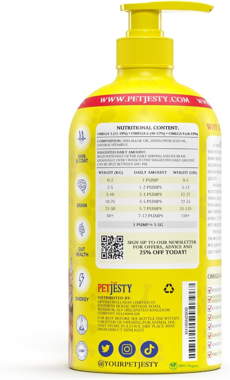 PetJesty Pure Omega 3 Oil - Suplemento Líquido de Omega 3 Vegano para Perros y Gatos (780 ml)