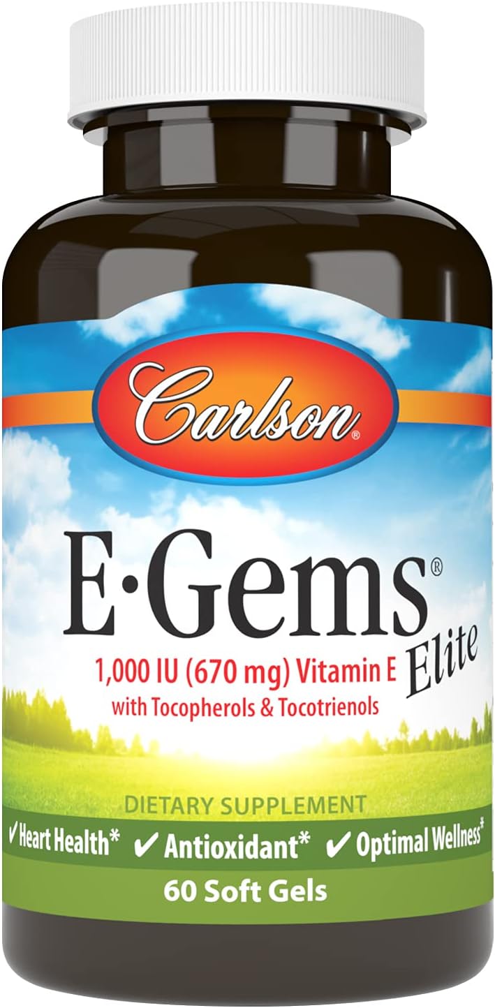 Carlson - E-Gems Elite, 1000 UI (670 mg) Vitamina E con Tocoferoles y Tocotrienoles, Bienestar Óptimo, 60 Cápsulas Blandas