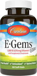 Carlson - E-Gems Elite, 1000 UI (670 mg) Vitamina E con Tocoferoles y Tocotrienoles, Bienestar Óptimo, 60 Cápsulas Blandas
