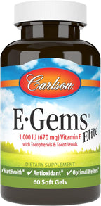 Carlson - E-Gems Elite, 1000 UI (670 mg) Vitamina E con Tocoferoles y Tocotrienoles, Bienestar Óptimo, 60 Cápsulas Blandas