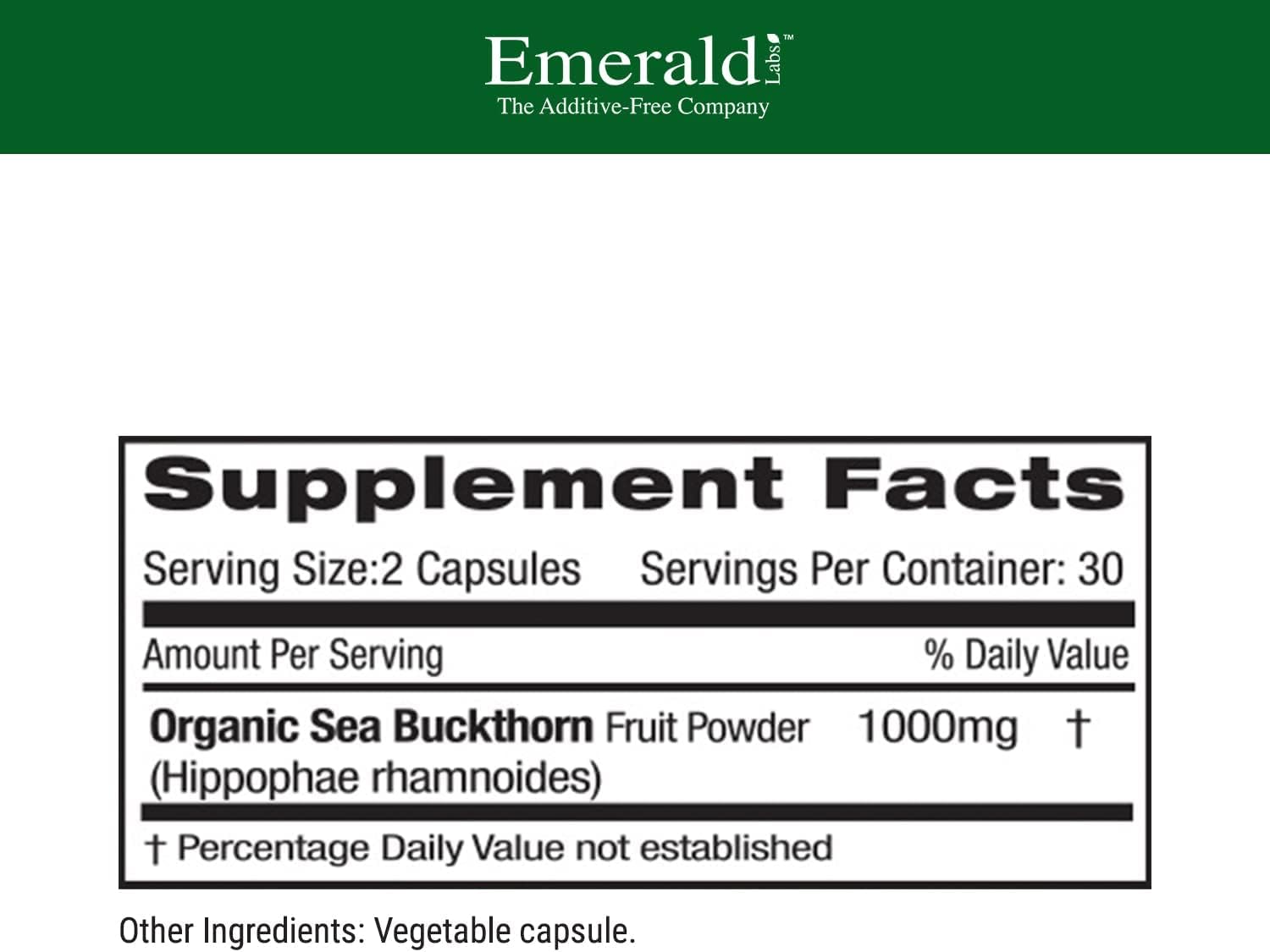 EMERALD LABS Sea Buckthorn - Suplemento Dietético con Vitaminas C, E y Omega 7 - 60 Cápsulas Vegetales (30 días)