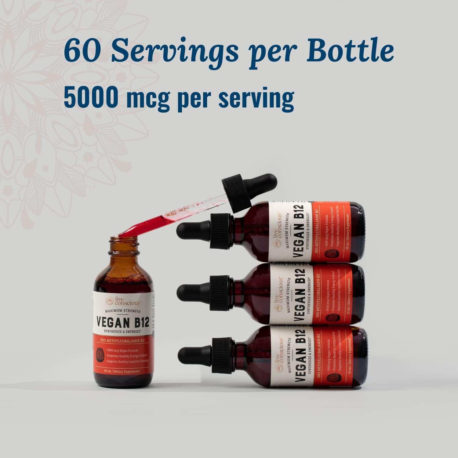 Live Conscious Vitamina B12 Sublingual 5000mcg - Gotas de Metilcobalamina Veganas (2 Envases)