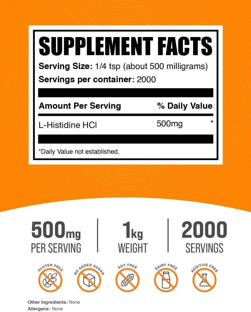L-Histidine HCl Powder - 500mg per Serving - 1kg (2.2 lbs)