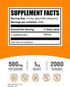L-Histidine HCl Powder - 500mg per Serving - 1kg (2.2 lbs)