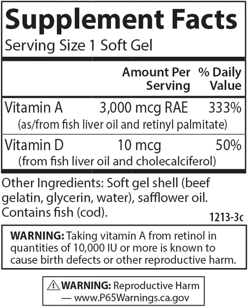 Carlson - Vitamina A y D3, 10000 UI (3000 mcg RAE) de Vitamina A, 400 UI (10 mcg) de Vitamina D3, 300 Cápsulas Blandas