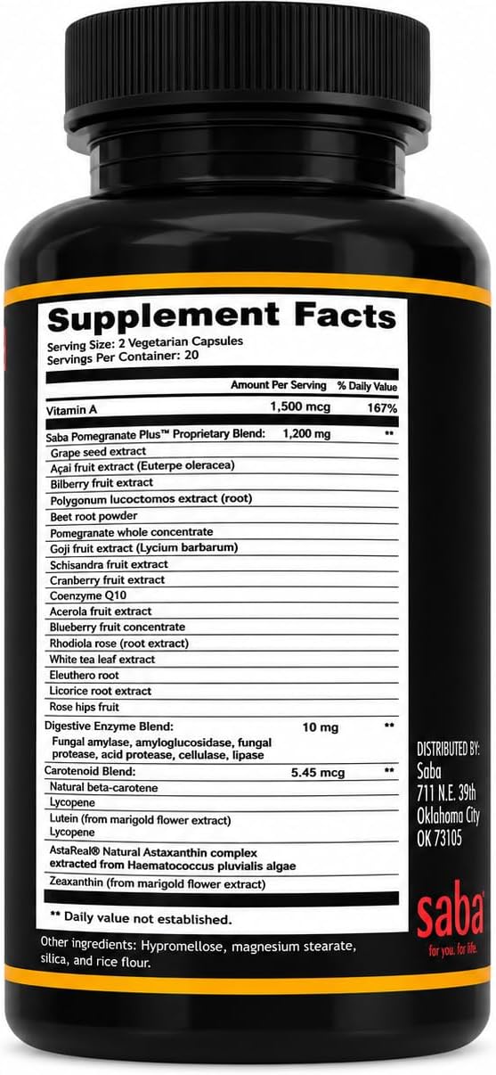 Saba Pomegranate Plus | Suplemento antioxidante con Astaxantina y Granada | 60 Cápsulas