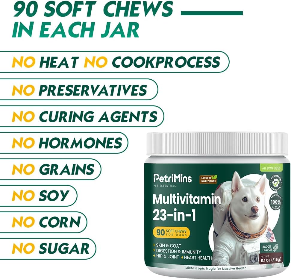 PetriMins 23-en-1 Multivitamínico para Perros con Glucosamina y Omega-3 - Masticables de Bacon, 90 unidades