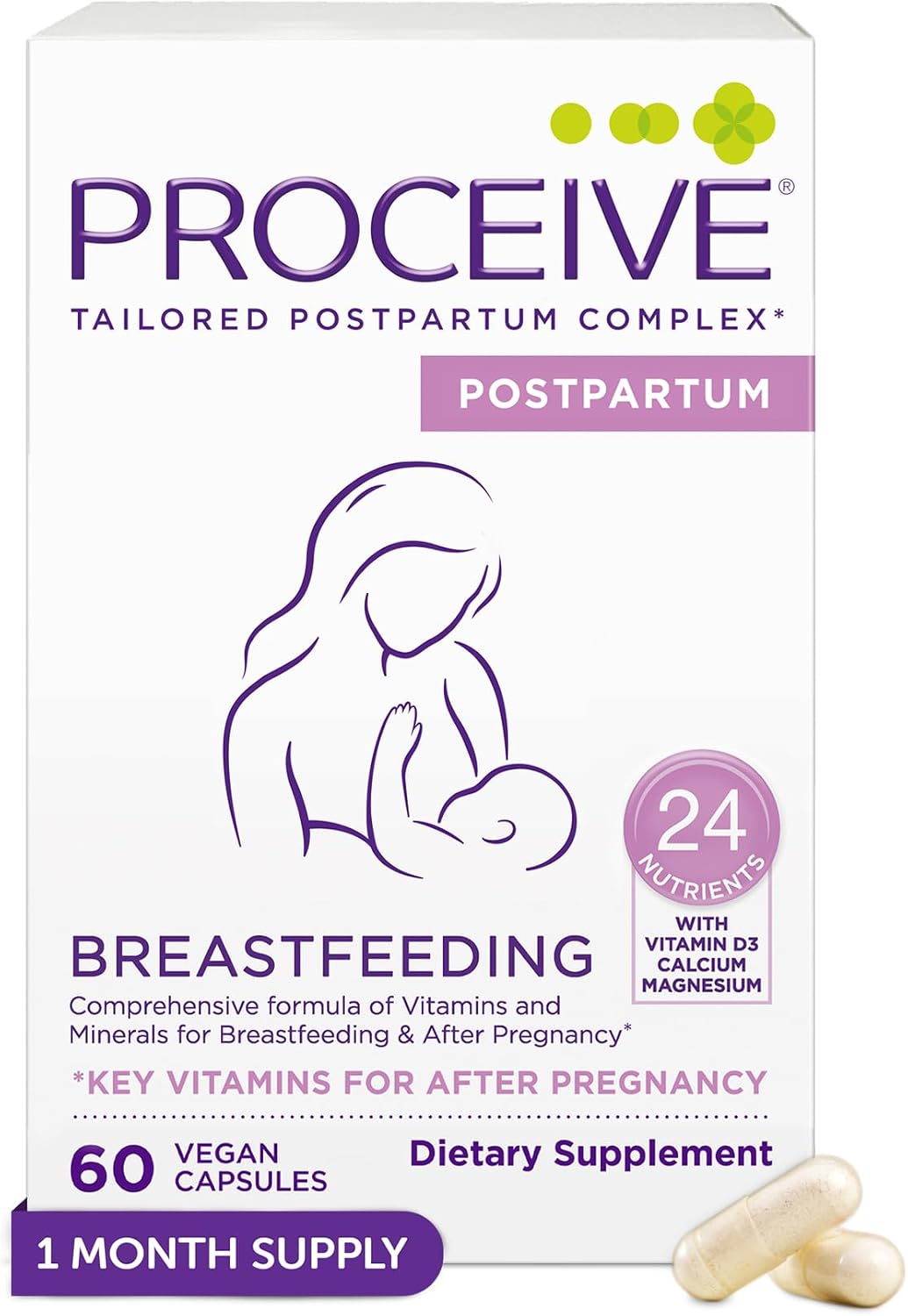 Proceive Vitaminas para la Lactancia para Nuevas Mamás, Suplemento Postnatal Después del Parto, con 24 Nutrientes Clave, 1 Mes de Suministro, Vegano, 60 Cápsulas