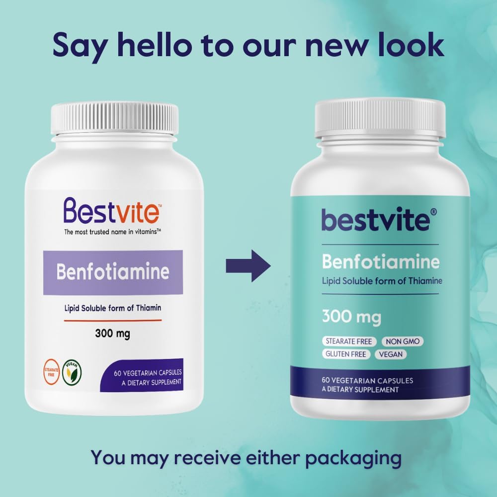 BESTVITE Benfotiamine 300mg (60 Vegan Capsules) Stearate Free - Silicon Dioxide Free - Vegan - Non-GMO - Gluten Free