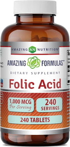 Amazing Formulas Ácido Fólico 1000 mcg (1 mg) Comprimidos | Vitamina B9 | No-GMO | Sin Gluten | Fabricado en EE. UU. (240 Comprimidos)