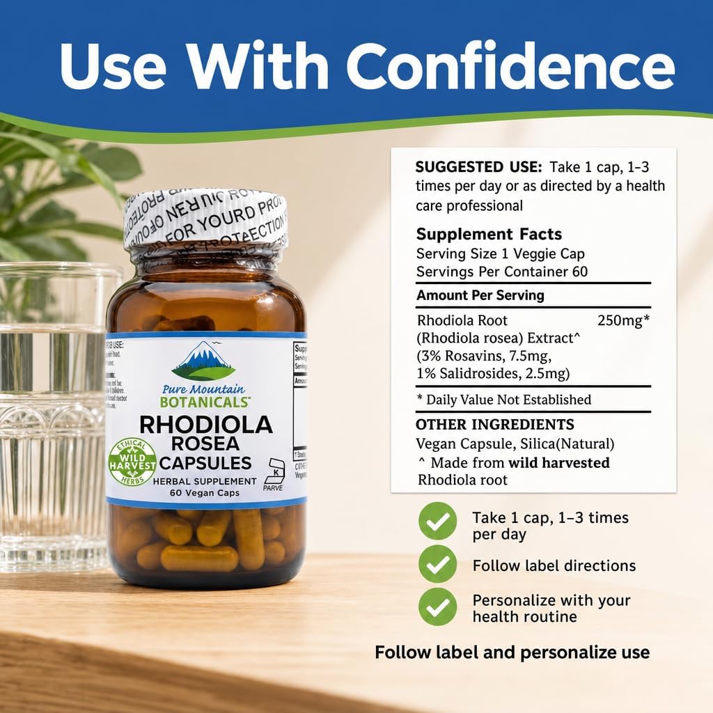 Pure Mountain Botanicals Rhodiola Rosea 250mg - 60 Cápsulas Veganas