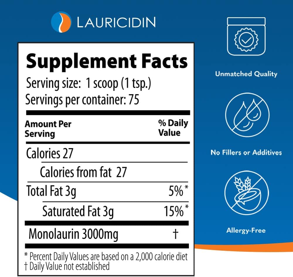 Lauricidin – The Original Monolaurin Supplement – 3000 mg per serving – 227 g per jar (Essential Immune and Digestive Health Support)