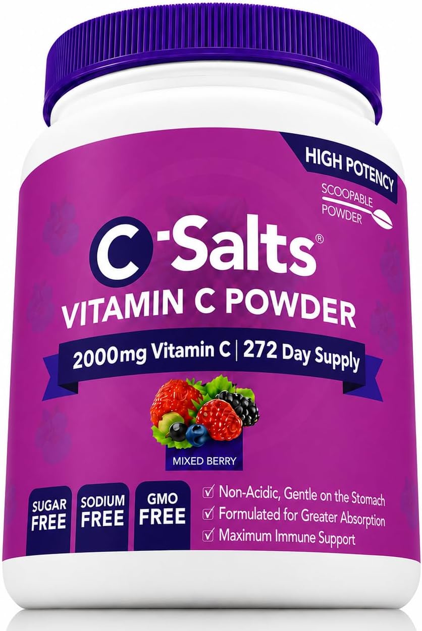 C-Salts Vitamina C en Polvo Tamponada - Orgánica, Suave para el Estómago - 4000mg por Ración - Sabor Frutos del Bosque - 735g (26oz) - 272 Porciones - Vegano, Sin Gluten, Sin Azúcar
