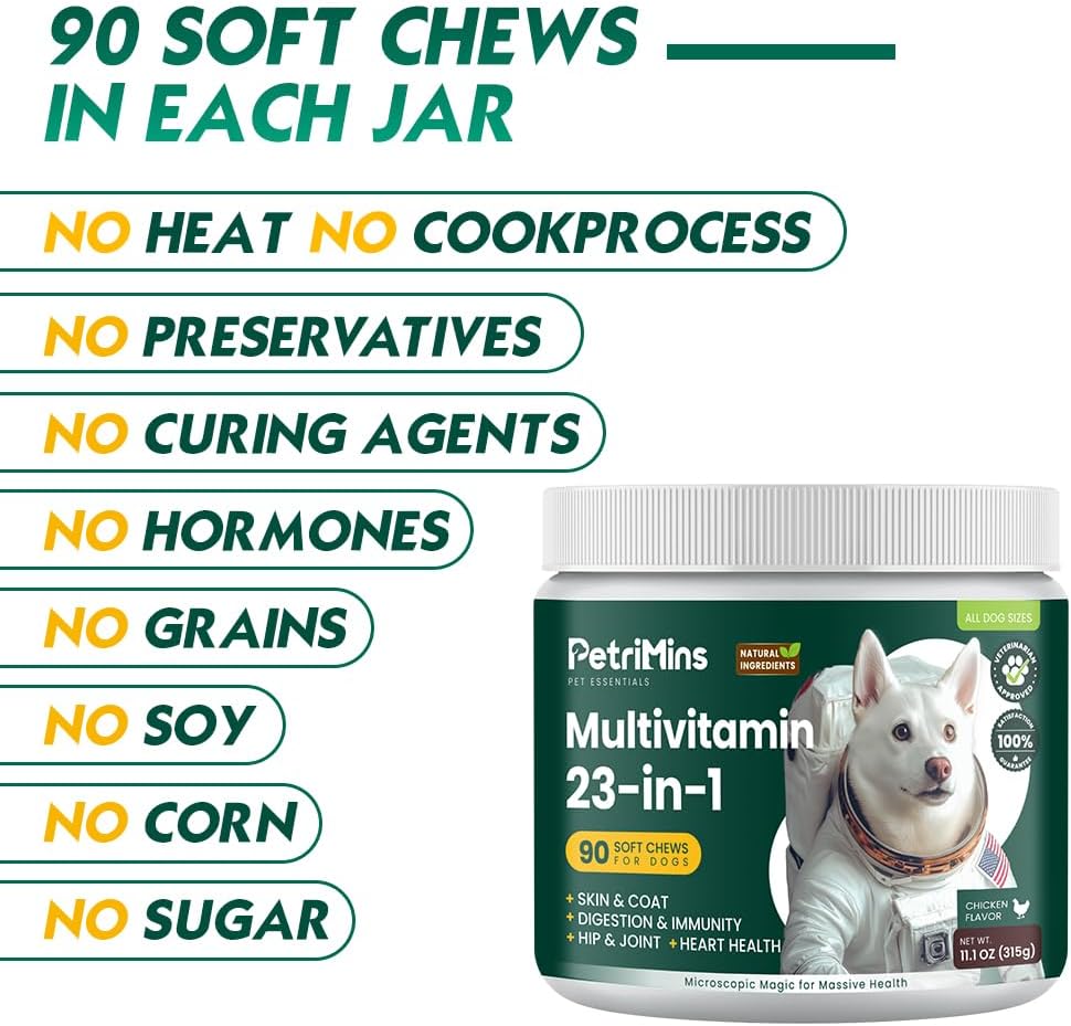 PetriMins 23-in-1 Multivitamínico para Perros con Glucosamina y Omega-3 – 90 Golosinas Sabor Pollo