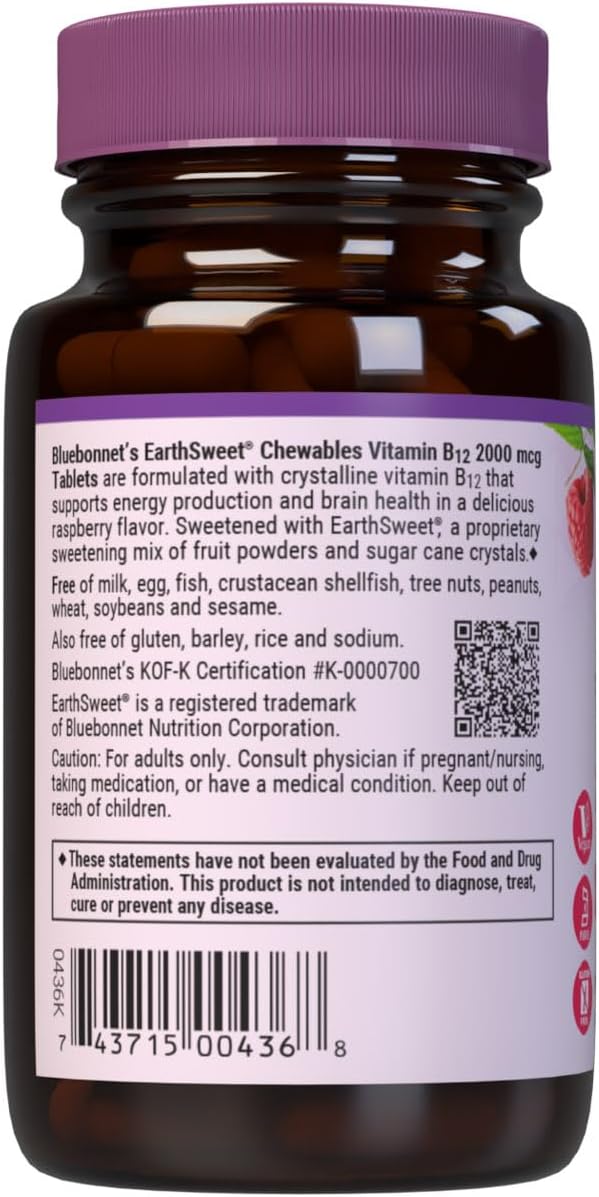 BlueBonnet Earth Sweet Vitamina B12 1000 mcg y Ácido Fólico 400 mcg - 90 Comprimidos Masticables - Vegano, Sin Gluten