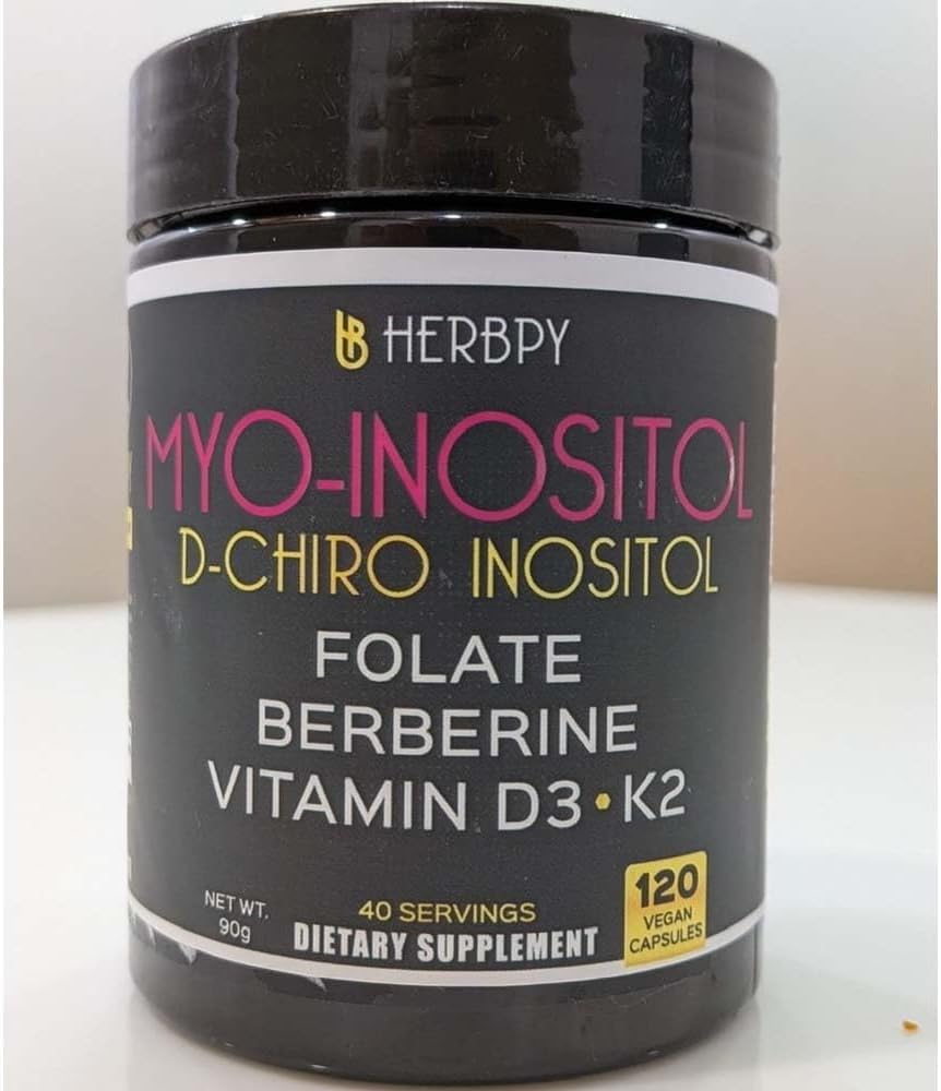 Herbpy 6en1 Premium Inositol 40:1 Myo-Inositol y D-Chiro Inositol con Folato, Berberina, Vitamina D3 y K2 - 120 Cápsulas Veganas