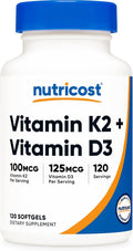 Nutricost Vitamina D3 + K2 (5000 UI D3 / 100 mcg MK7), 120 Cápsulas Blandas – Sin Gluten y No GMO