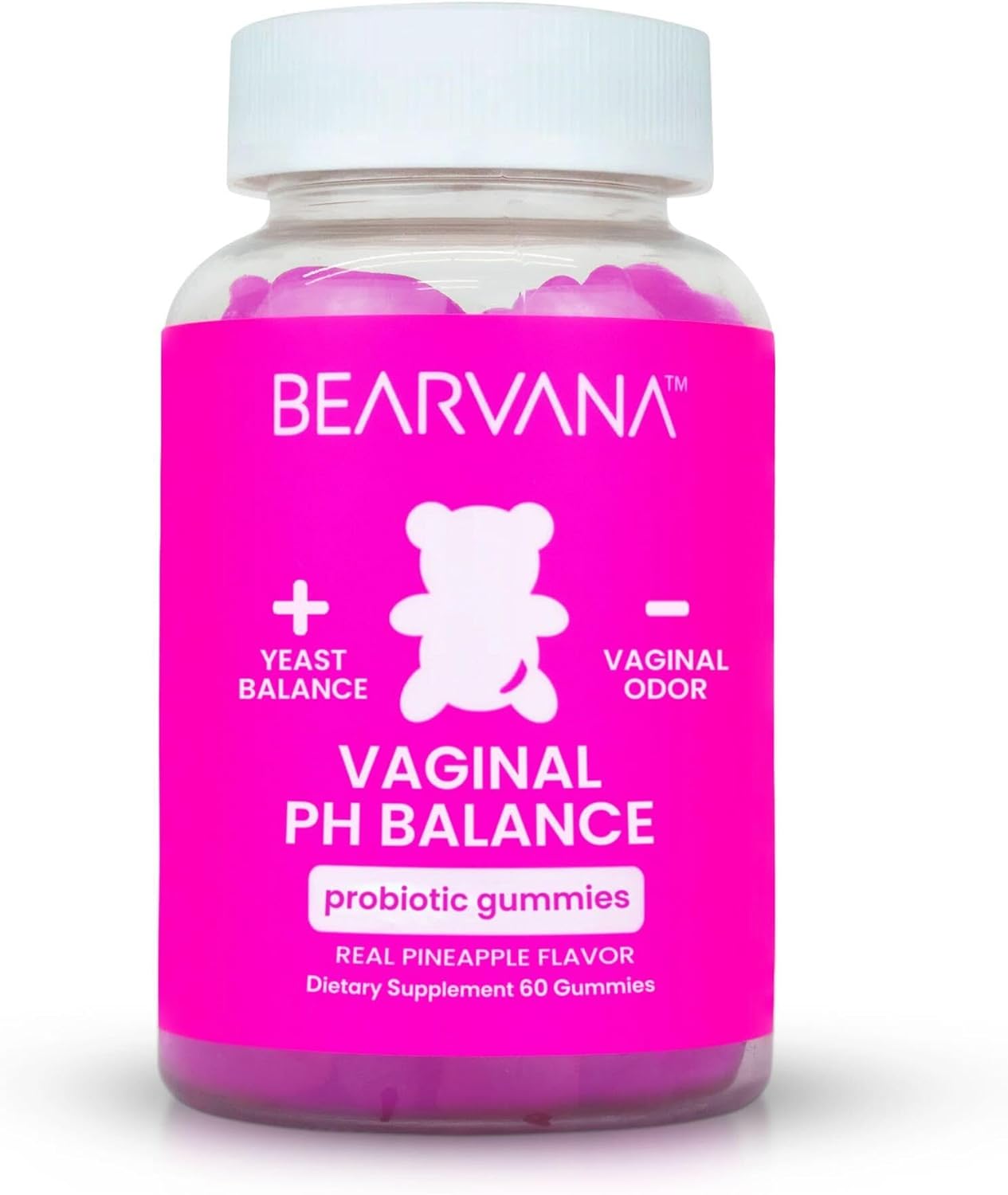 BEARVANA Gominolas de Probióticos y Vitamina C para el Apoyo del pH Vaginal – Suplemento de Bienestar Femenino con Sabor a Piña – 60 Gominolas