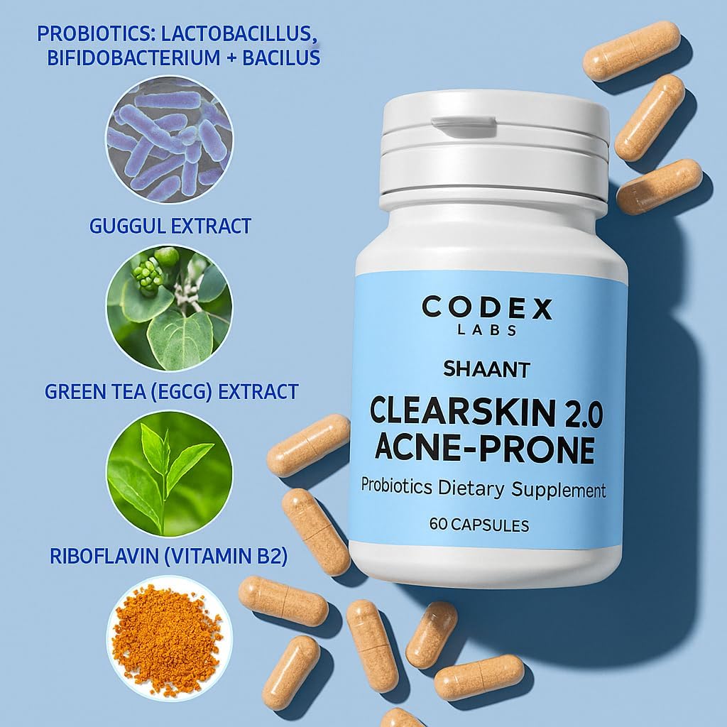 Codex Labs Shaant Clear Skin Supplement – 60 Cápsulas Veganas | Mezcla probiótica de 9 cepas con EGCG de té verde y guggul, apoyo diario para piel propensa al acné