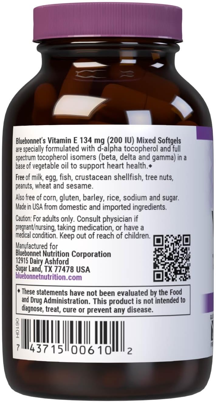 Bluebonnet Vitamin E 200 UI con Tocoferoles Mixtos, 50 Cápsulas Blandas
