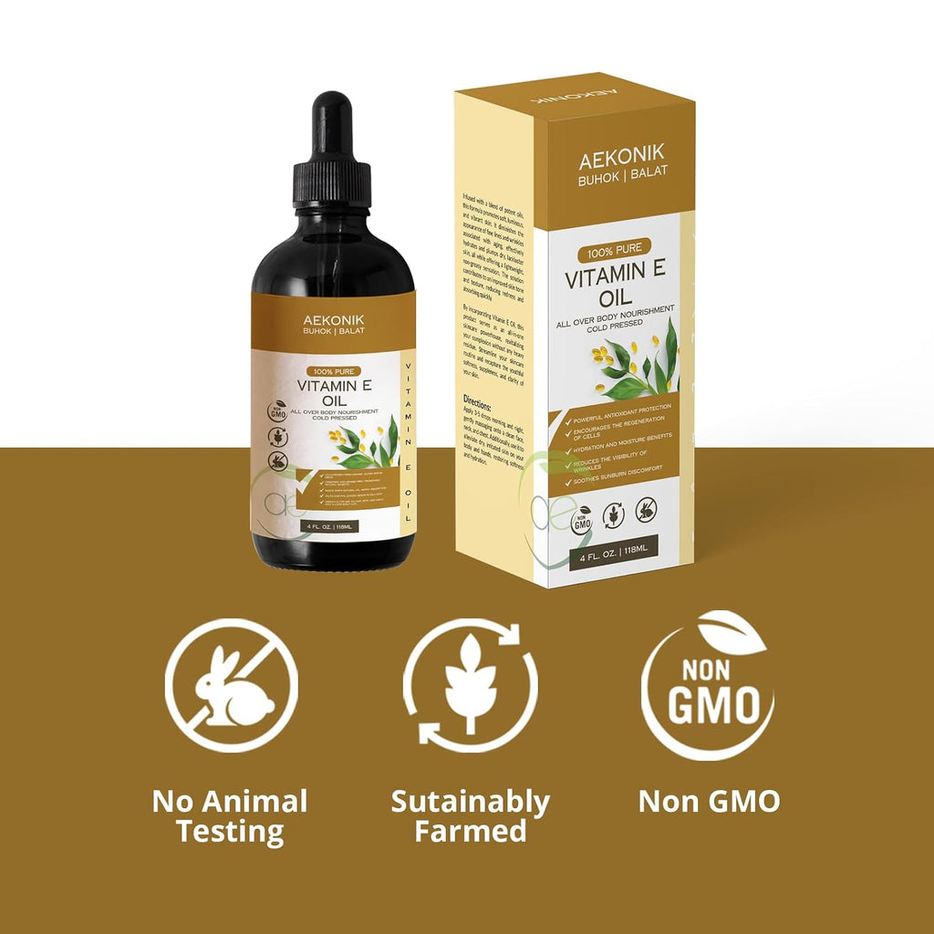 Aceite de Vitamina E Orgánico AEKONIK - Puro para Cuidado Corporal y Facial - 118 ml