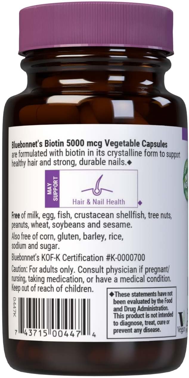 Bluebonnet Biotin 5000 mcg – Apoyo para el Cabello y las Uñas, 60 Cápsulas Vegetales