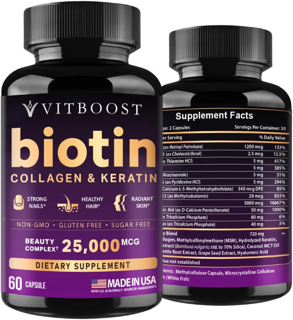 VITBOOST Biotin 25000 mcg con Ácido Hialurónico, Colágeno y Queratina – 60 Cápsulas