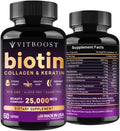 VITBOOST Biotin 25000 mcg con Ácido Hialurónico, Colágeno y Queratina – 60 Cápsulas