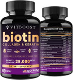 VITBOOST Biotin 25000 mcg con Ácido Hialurónico, Colágeno y Queratina – 60 Cápsulas