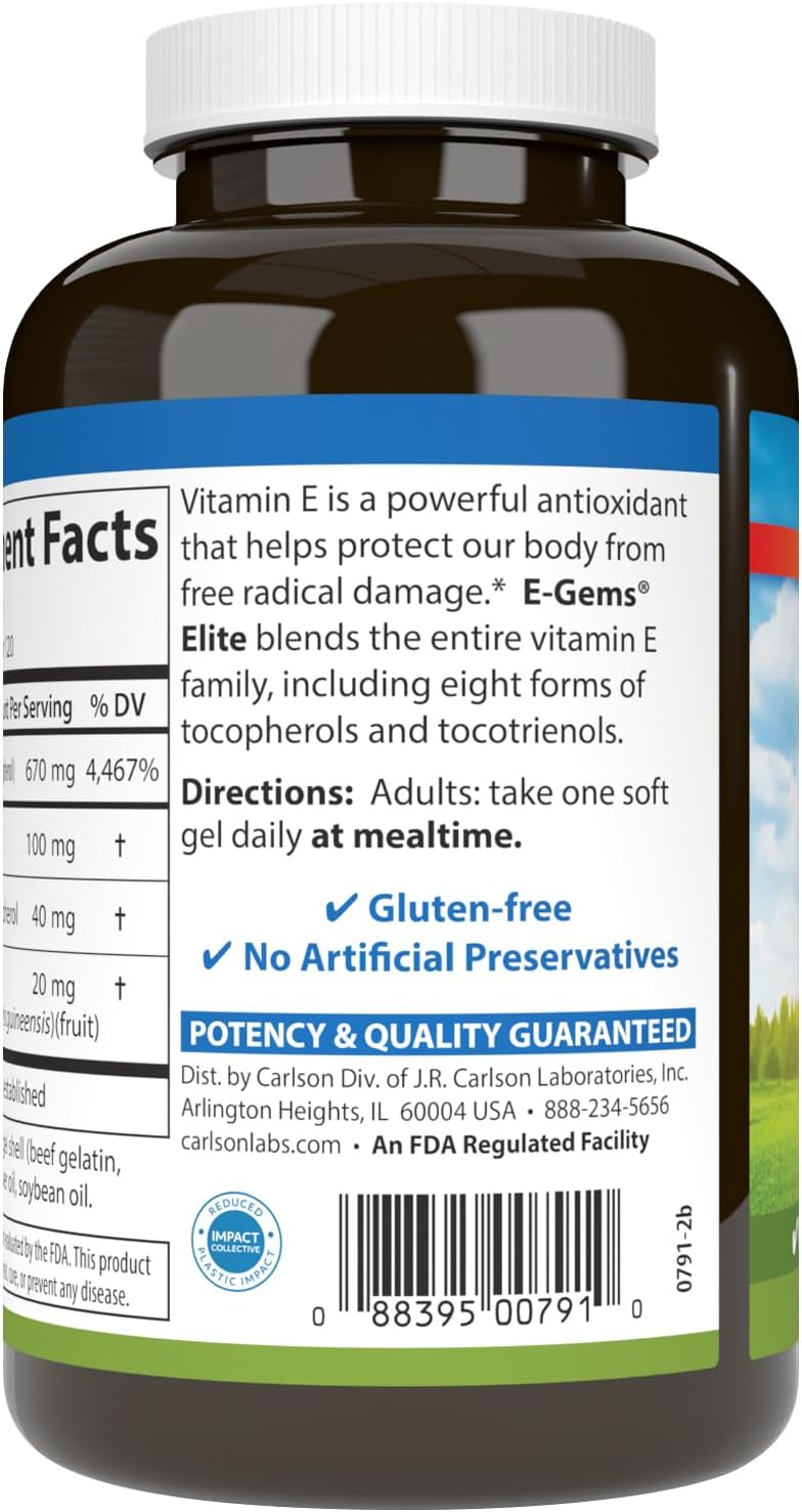 Carlson E-Gems Elite, Vitamina E 1000 UI con Tocoferoles y Tocotrienoles, Salud Cardiovascular y Bienestar Óptimo, Antioxidante, 120 Cápsulas
