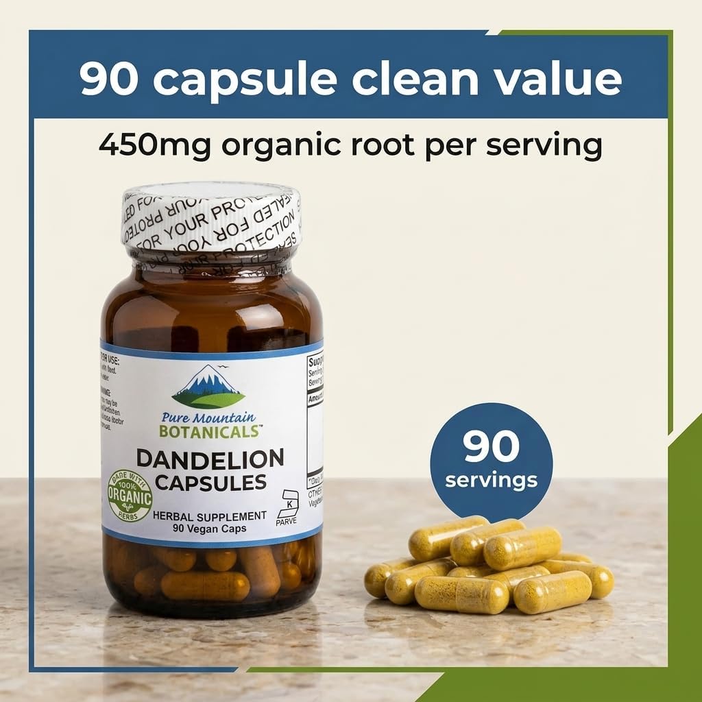 Pure Mountain Botanicals Cápsulas de Raíz de Diente de León - 450mg Orgánico - 90 Cápsulas Veganas Kosher Sin OGM