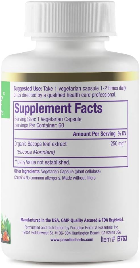 Paradise Herbs Bacopa Extract - 60 Cápsulas Veganas Sin Gluten