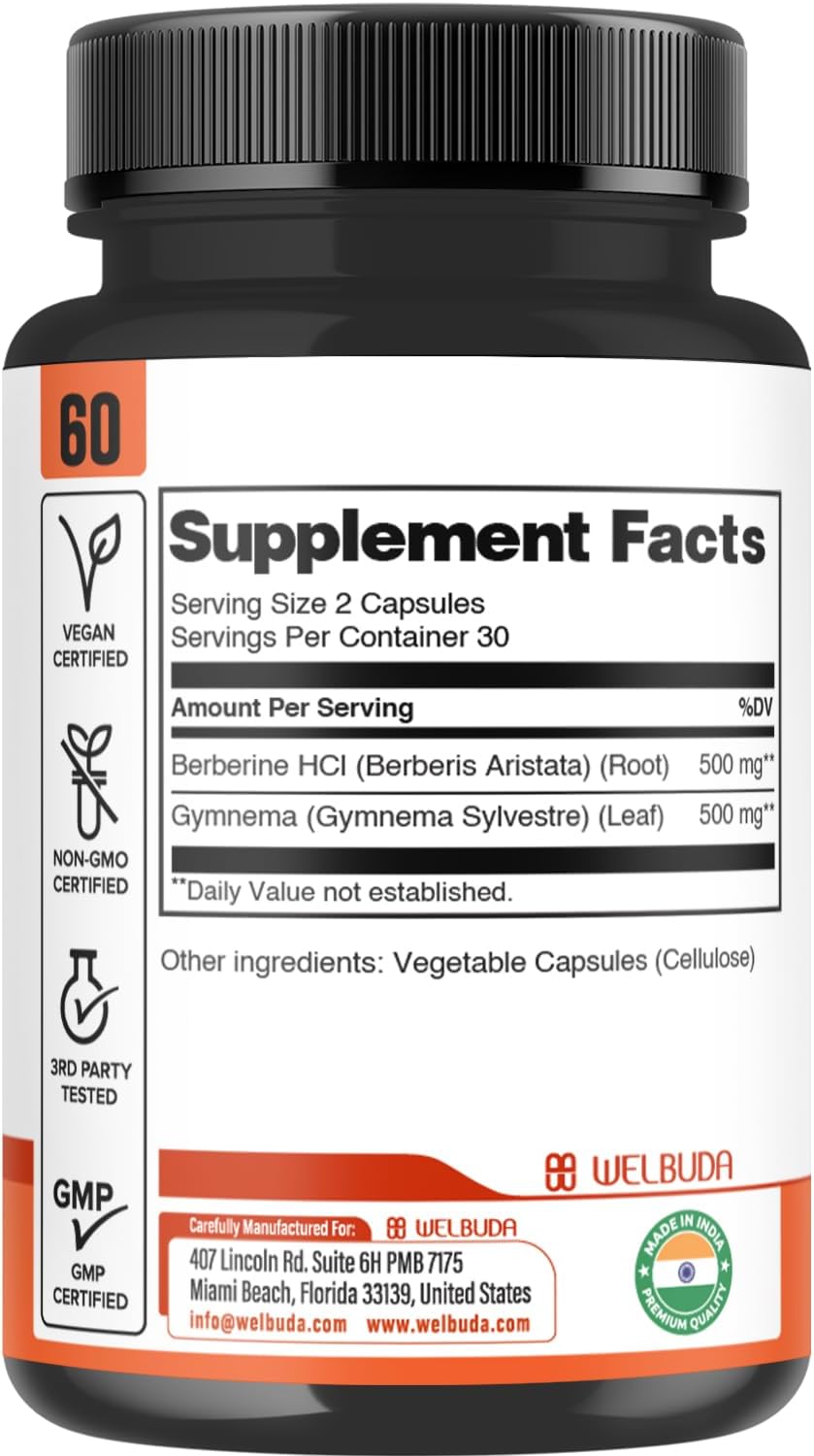 WELBUDA Berberine Supplement with Organic Gymnema Sylvestre Leaf - 60 Capsules