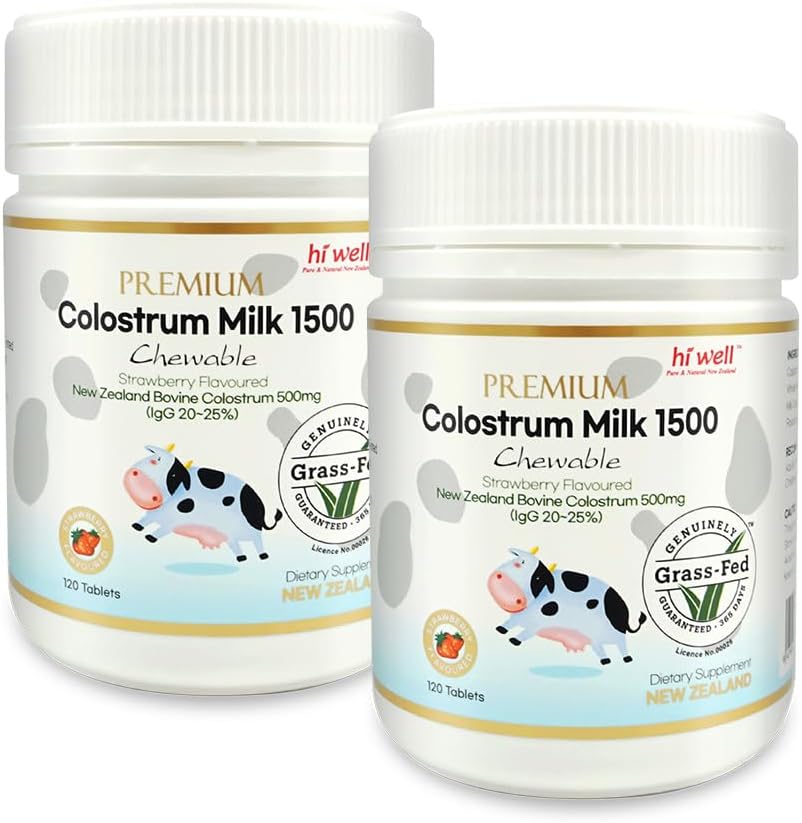 Hi Well Premium Grass-Fed Colostrum 1500 mg, 120 Chewable Tablets (Strawberry Flavored)
