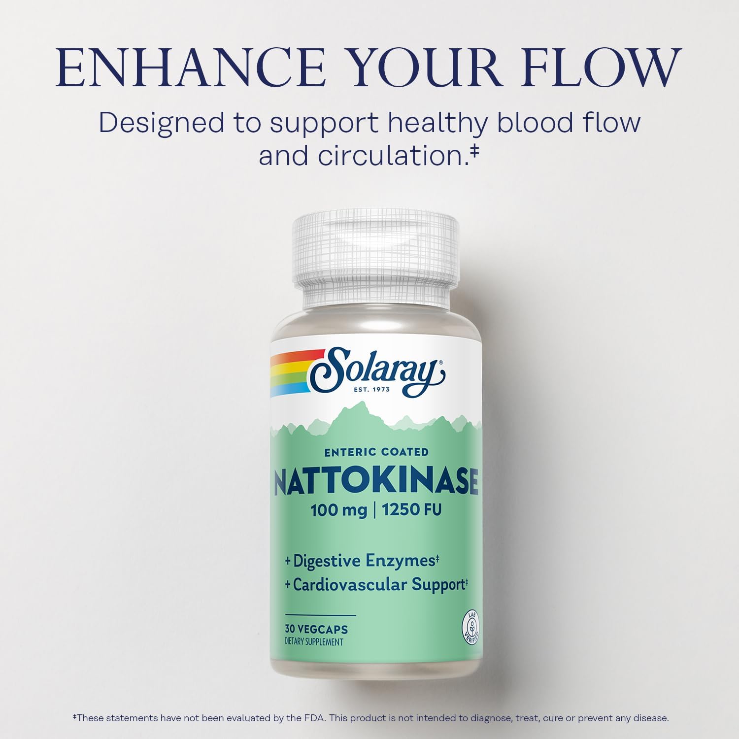 Nattokinasa 1250 FU – Solaray – Enzima digestiva para la circulación y la salud cardiovascular – 30 cápsulas veganas con recubrimiento entérico