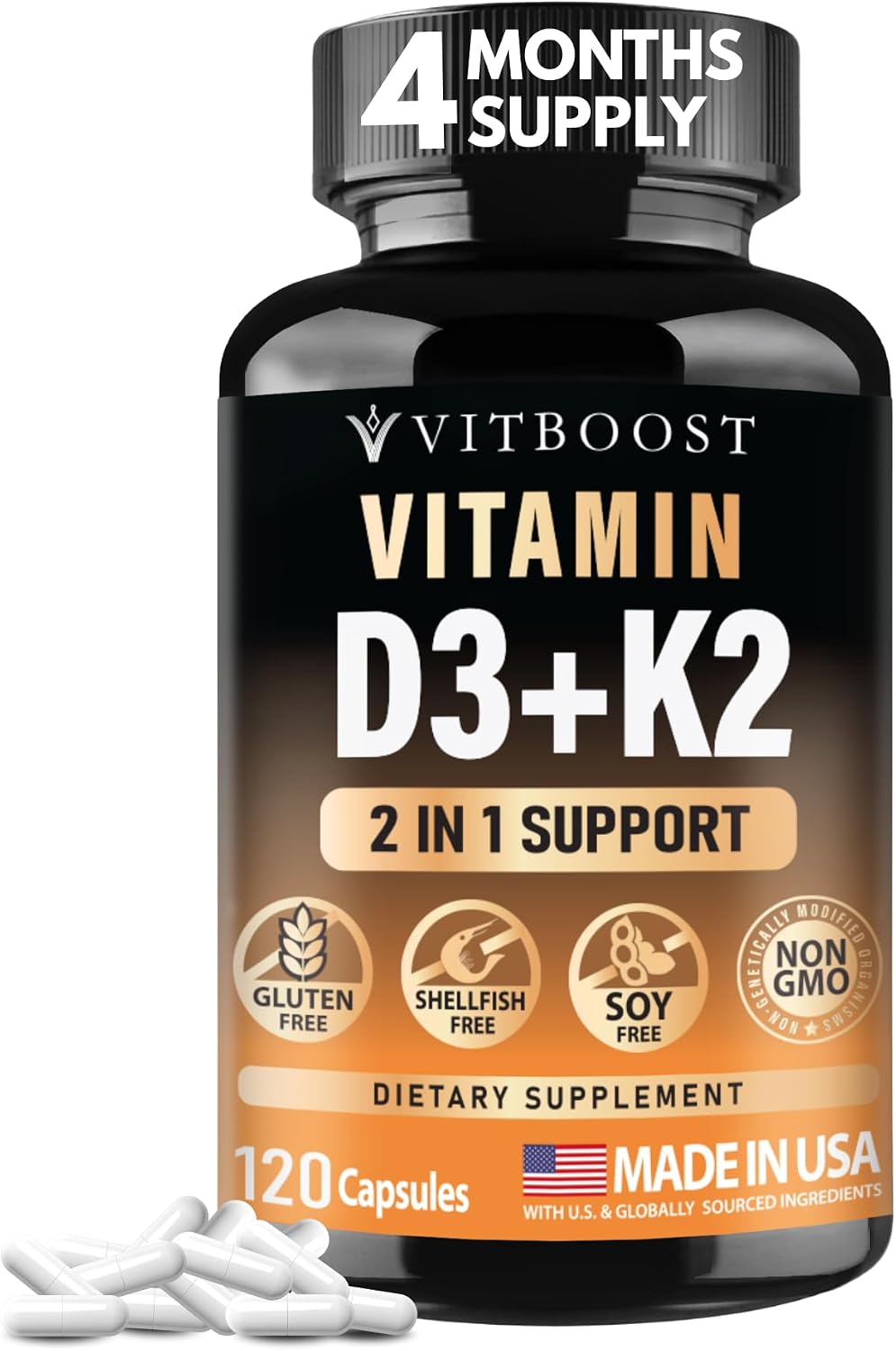 VITBOOST Complejo Vitamina D3 y K2 - 5000 UI D3 (125 mcg) + 90 mcg K2 MK-7 | 120 Cápsulas | No GMO | Sin Gluten