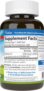 Carlson Vitamina D3 10.000 UI (250 mcg), Colecalciferol, para Huesos e Inmunidad, 360 Cápsulas Blandas