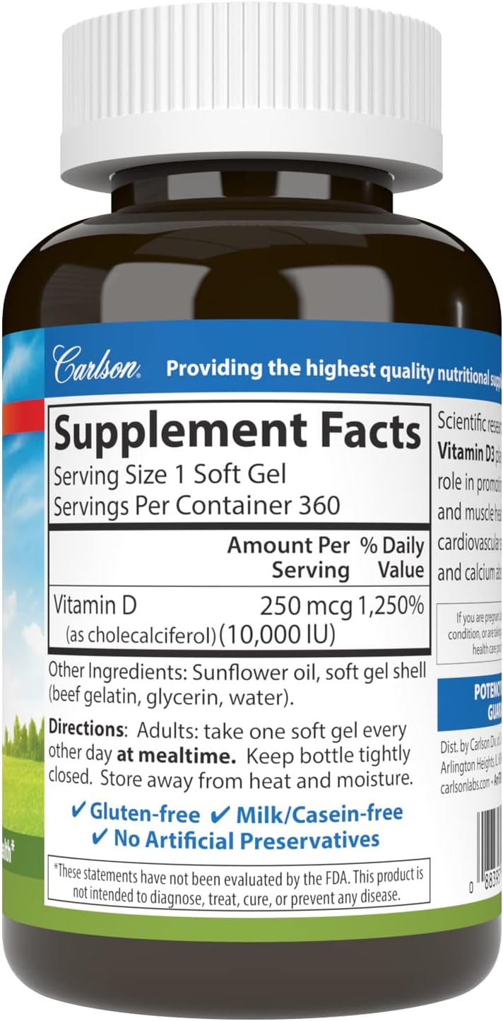 Carlson Vitamina D3 10.000 UI (250 mcg), Colecalciferol, para Huesos e Inmunidad, 360 Cápsulas Blandas
