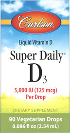 Carlson - Super Daily D3 5,000 UI (125 mcg) por gota, Gotas de Vitamina D, Apoyo Inmunológico, Salud Cardíaca, Vitamina D3 Líquida, Sin Sabor, 90 Gotas