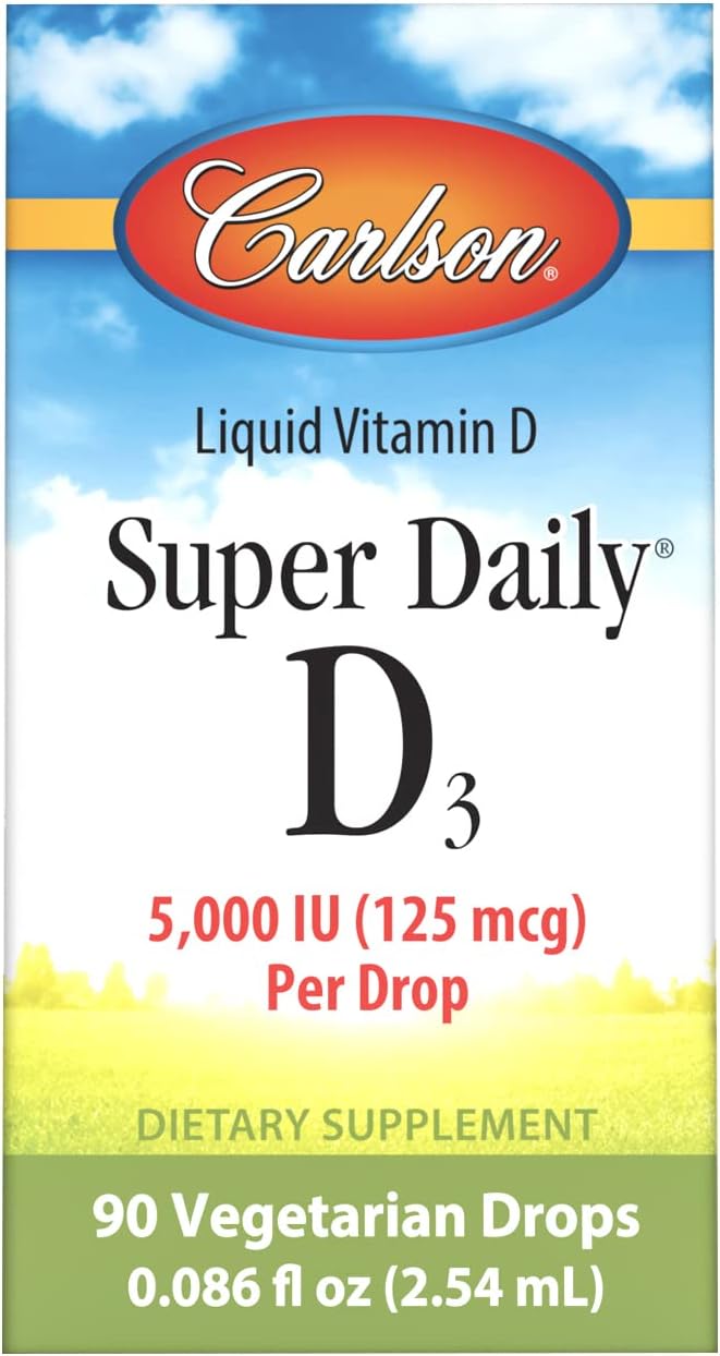 Carlson - Super Daily D3 5,000 UI (125 mcg) por gota, Gotas de Vitamina D, Apoyo Inmunológico, Salud Cardíaca, Vitamina D3 Líquida, Sin Sabor, 90 Gotas