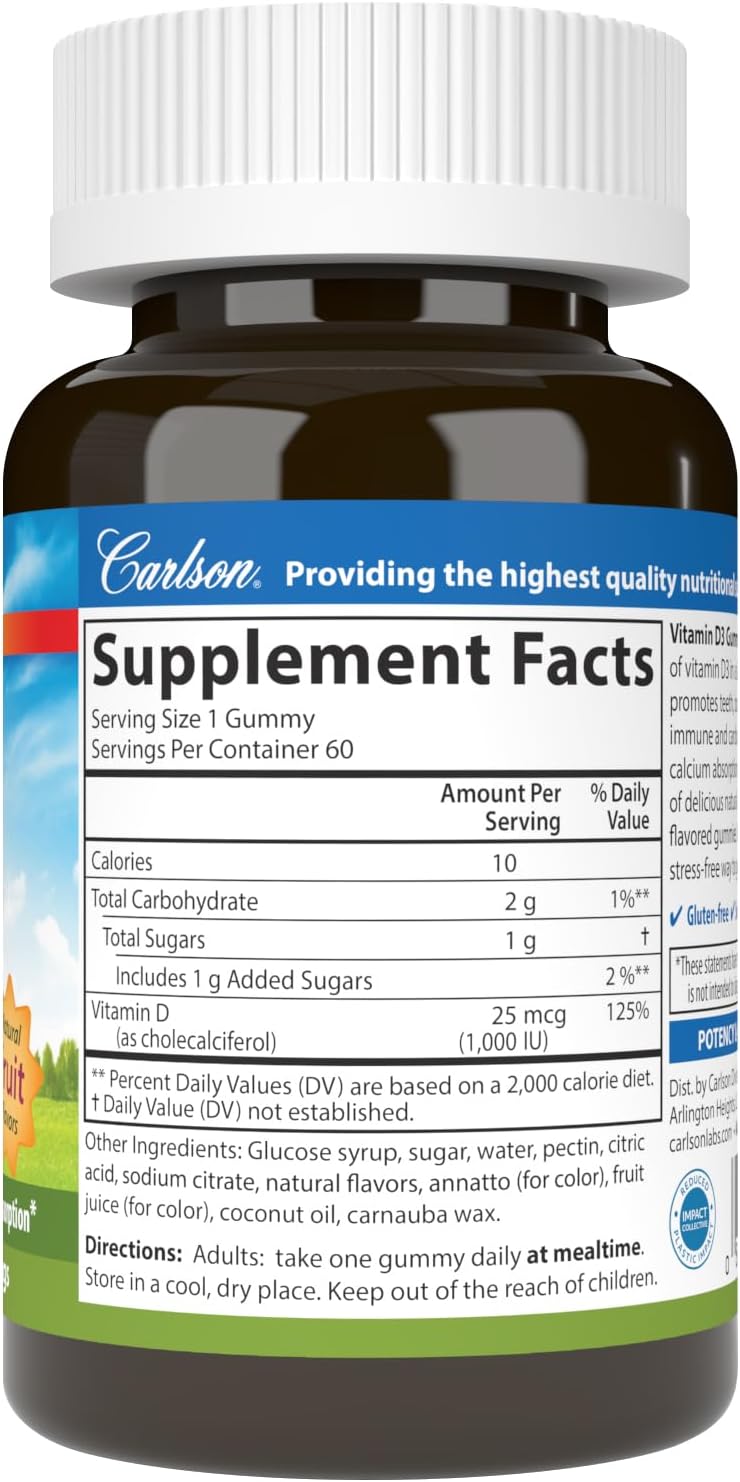 Carlson - Gominolas de Vitamina D3, 1000 UI (25 mcg), para la Salud Ósea y el Sistema Inmunitario, Sabores Naturales de Fruta, 60 Gominolas Vegetarianas