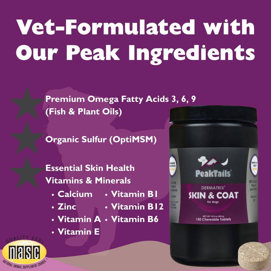 Kala Health PeakTails Skin & Coat Support para Perros – 150 Comprimidos Masticables con MSM, Aceite de Pescado, Omega-3 y Omega-6